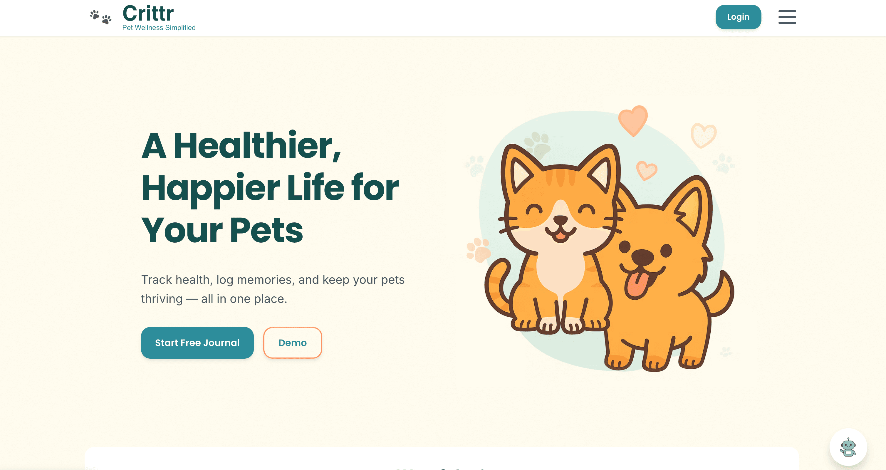 Crittr app interface showing pet care dashboard and features